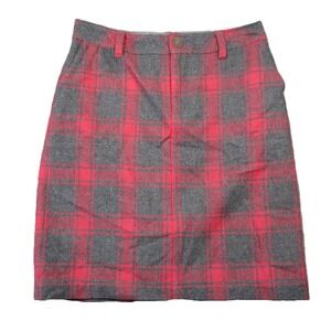 Eddie Bauer Plaid Wool Skirt Womens 4 Red Gray Straight Zip Fly Academia Preppy